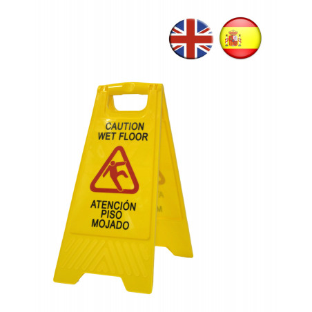 Señal aviso "Suelo mojado". En español e inglés. Alta visibilidad para evitar accidentes
