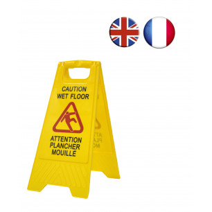 Señal aviso "Caution wet floor - Attention plancher mouillé". En inglés y francés. 