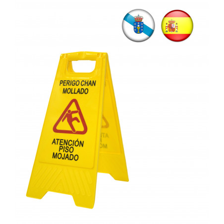 Señal aviso "Atención suelo mojado - Perigo chan mollado". En gallego y castellano. Alta visibilidad para evitar accidentes