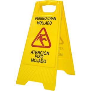 Señal aviso "Atención suelo mojado - Perigo chan mollado". En gallego y castellano. Alta visibilidad para evitar accidentes
