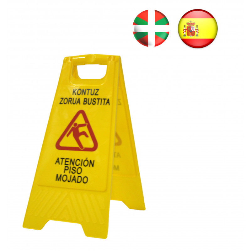 Señal aviso "Atención suelo mojado - Kontuz zorua bustita". En vasco y castellano. Alta visibilidad para evitar accidentes