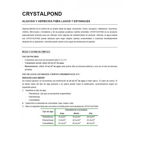 Crystalpond Alguicida y herbicida para lagos y estanques. Botella 1 Lt