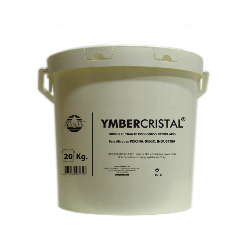 YmberCristal® Vidrio - Glass - Cristal granulado filtrante ecológico reciclado Gr. 1 (0.5-1mm). Bote con asa y hermético 20 Kg