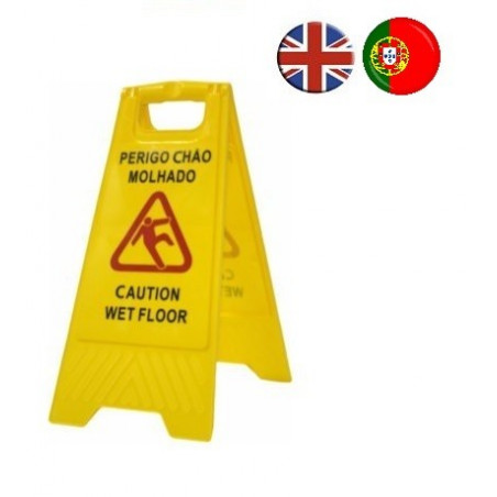 Señal aviso "solo molhado da atençao - caution wet floor". En portugues e inglés. Alta visibilidad para evitar accidentes