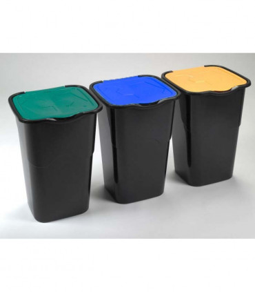 Kit de reciclaje 3 Papeleras  de 50 Lt. Color Negro. Tapas colores