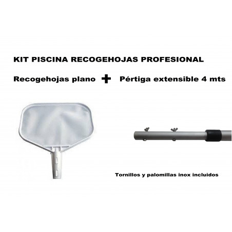 Kit Piscina recogehojas plano profesional + pértiga extensible de aluminio 4 mts (tornillos y palomillas inox incluidos)
