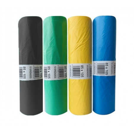 Kit reciclaje. 4 rollos bolsas basura 120 Lt colores reciclaje selectivo: amarillo, azul, verde y negro