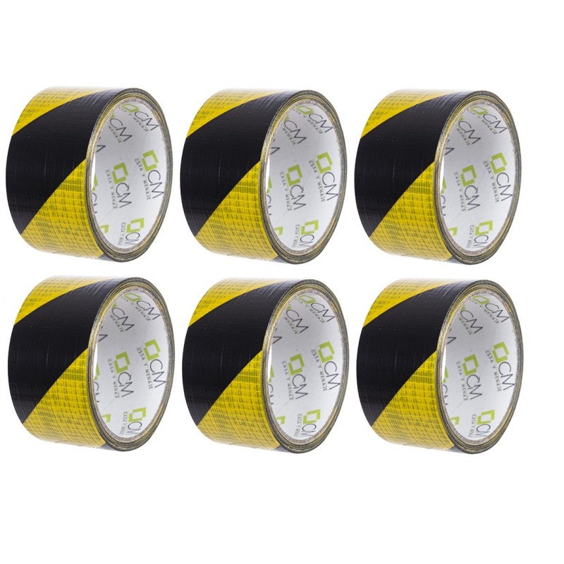 Cinta adhesiva Warning resistente amarillo y negra 48 mm x 10 m. Pack 6 rollos