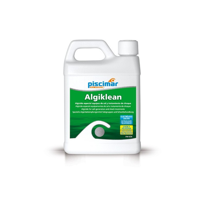 PM-634 Algiklean doble acción: algicida y abrillantador. Especial equipos de sal y tratamiento choque. Botella 1.1 Kg. PM-634 Algiklean doble acción: algicida y abrillantador. Especial equipos de sal y tratamiento choque. Botella 1.1 Kg.