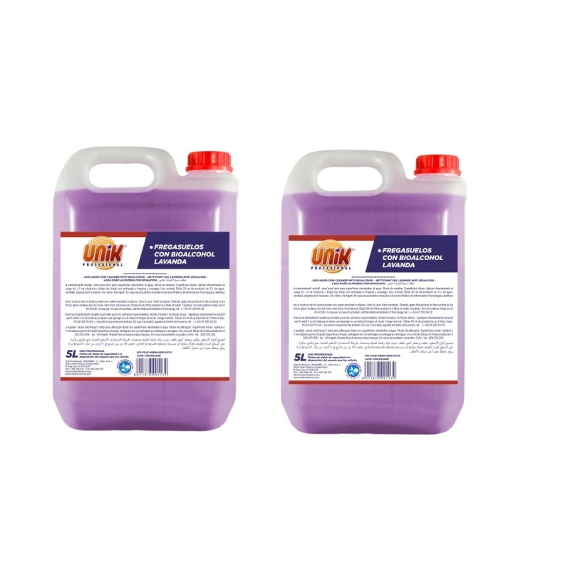 Fregasuelos con BioAlcohol Unik aroma Lavanda 5L. Caja 2 botellas