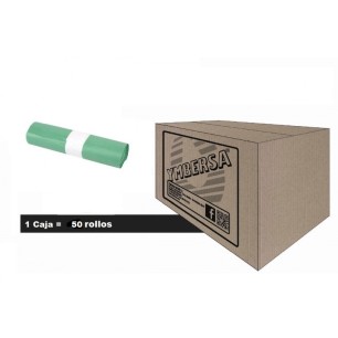 Caja bolsas basuras verde 57 Lt 70x85 mm. Sistema antigoteo y alta resistencia. Caja 50 rollos 500 bolsas